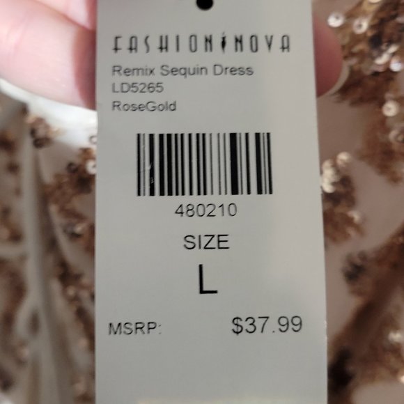 PRICE DROP! Fashion Nova Remix Rose Gold Sequin Dress Sz L - Picture 10 of 11